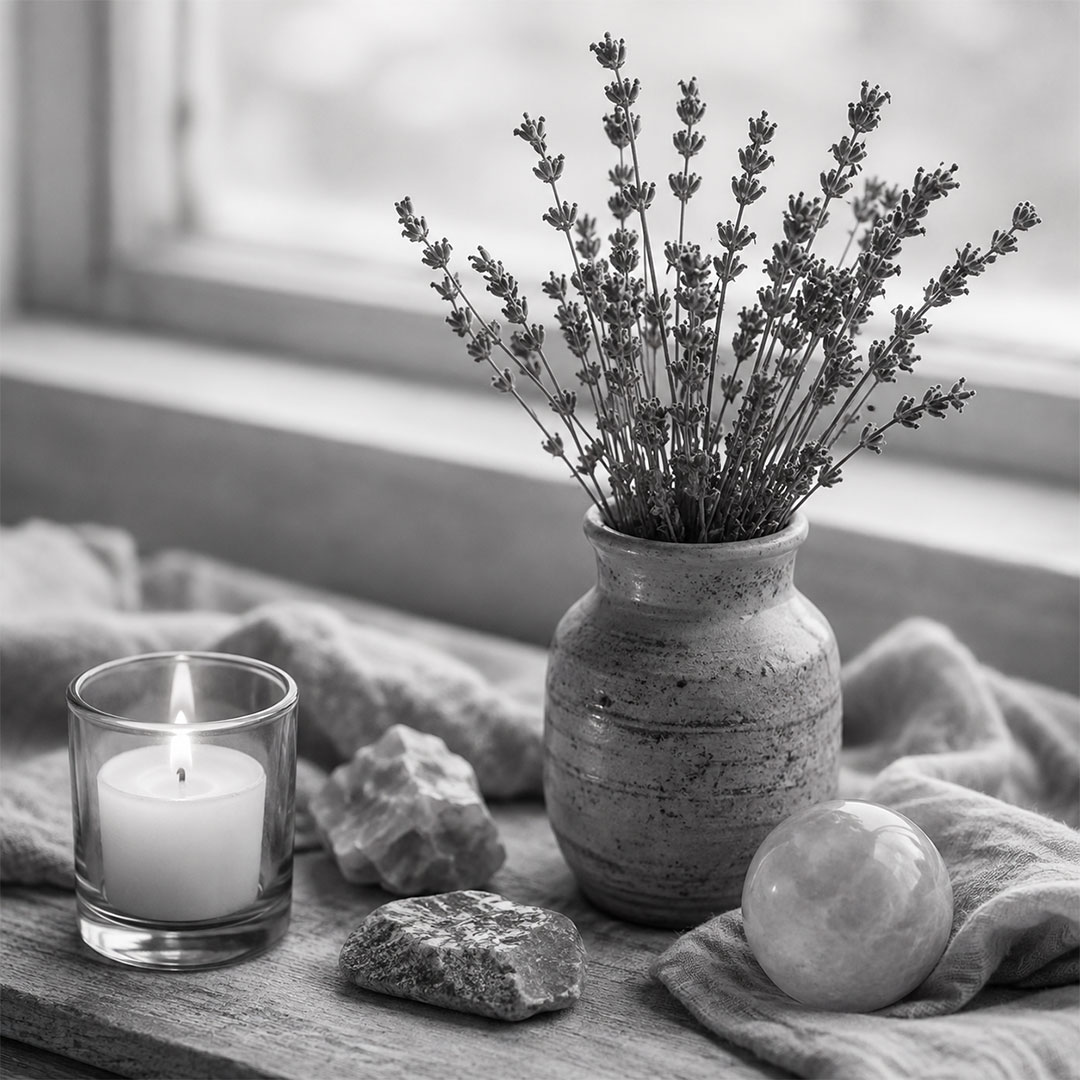 Tess Clarkson - Candlelit on table with lavender in small vase